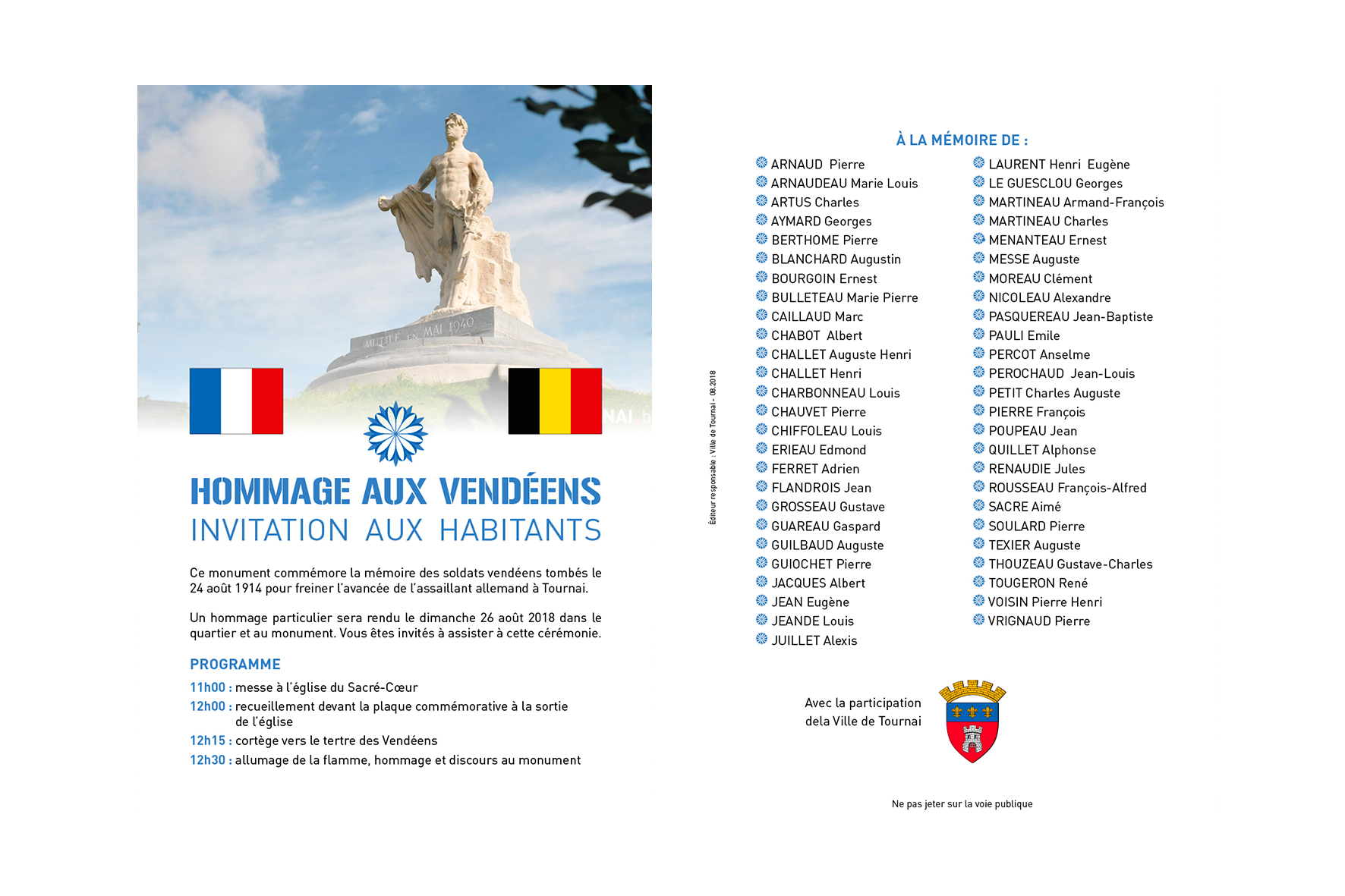 Flyer pour un hommage aux soldats vendéens tombés le 24 août 1914 pour freiner l'avancée de l'assaillant allemand à Tournai.